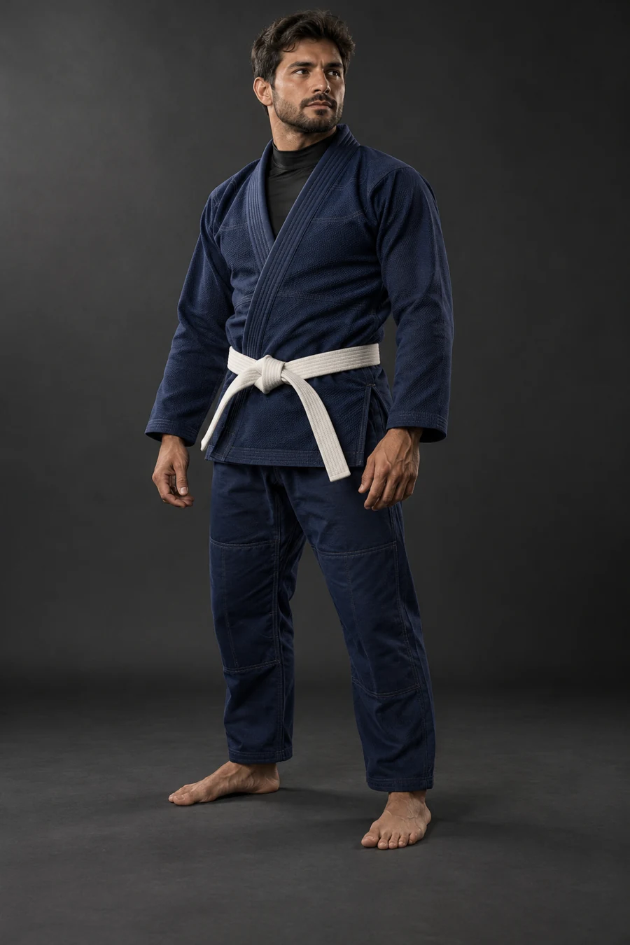 Man wearing a navy pearl-weave BJJ gi in a charcoal studio