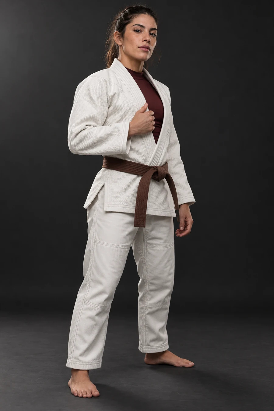 Woman wearing an ivory BJJ gi with a burgundy rash guard in a charcoal studio